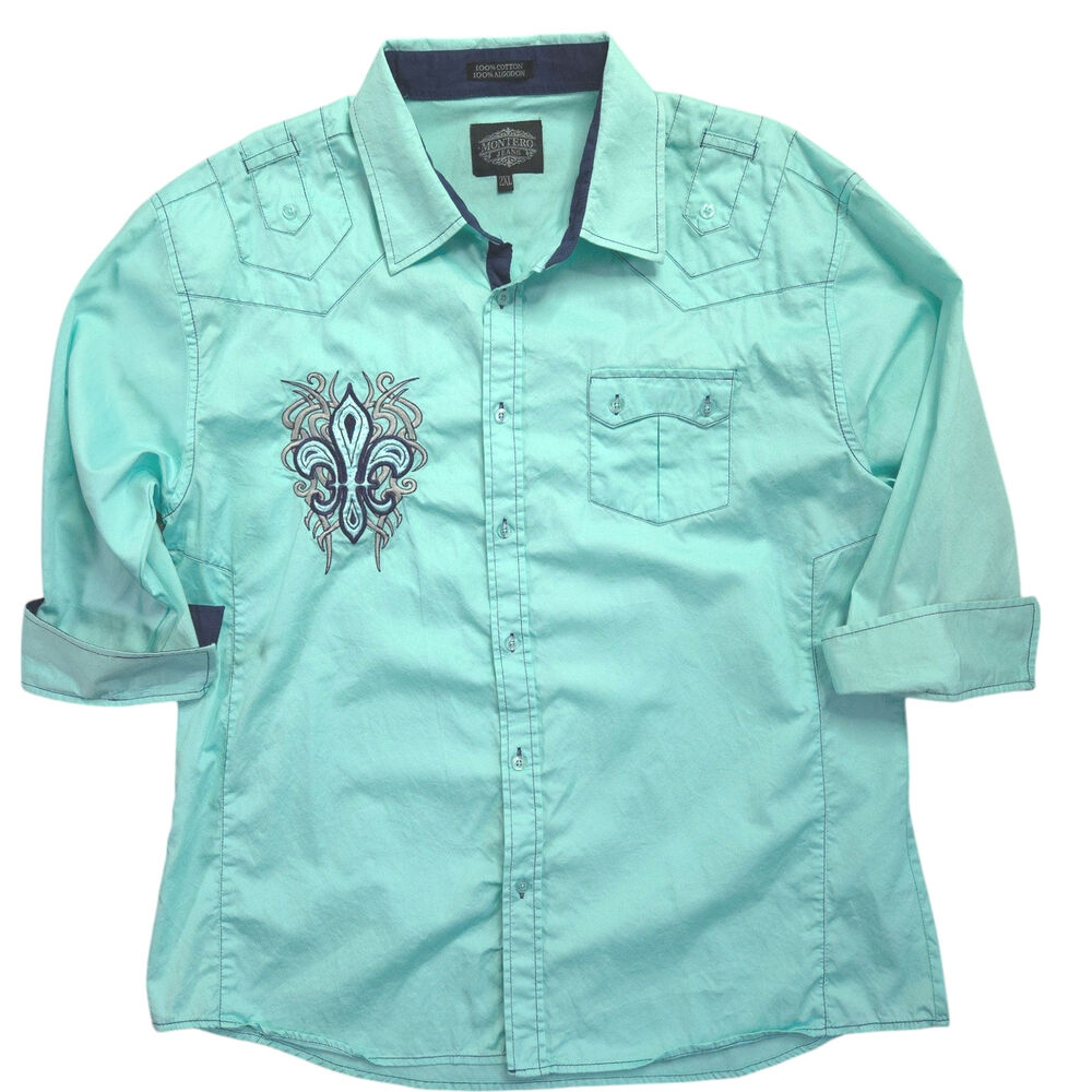 Montero Jeans Mens Button Down Shirt 2XL Green Embroiderd 3/4 Sleeves